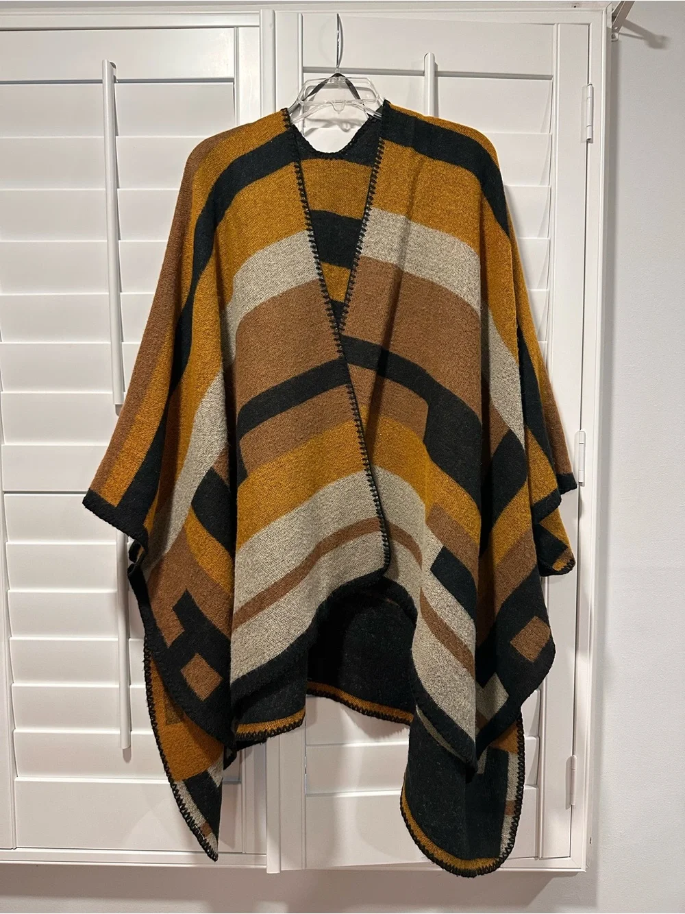 Colorblock Knit Ruana Poncho Wrap Cardigan Mustard Brown Black One Size